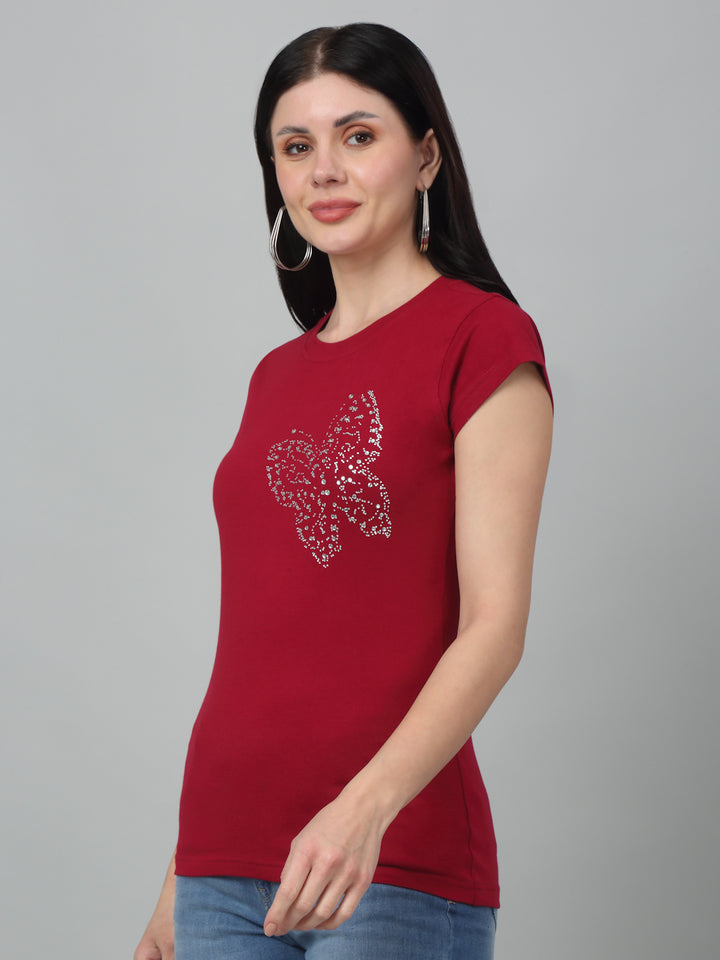 Butterfly Printed  Maroon T-Shirt