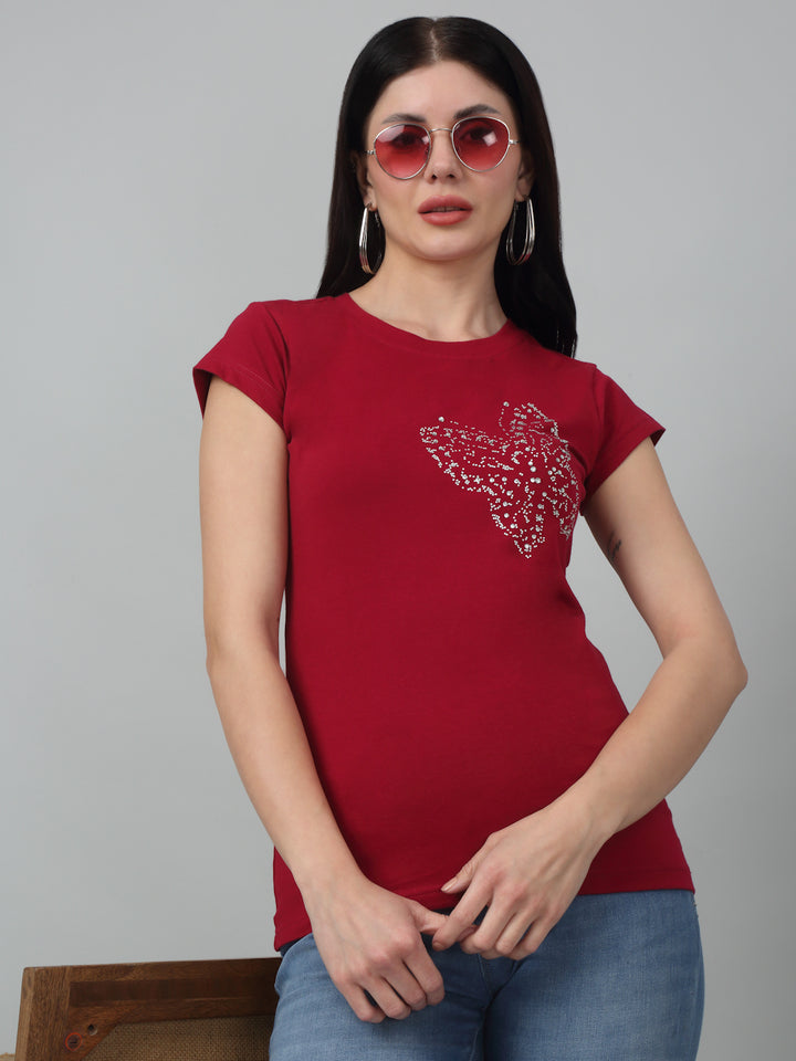 Butterfly Printed  Maroon T-Shirt