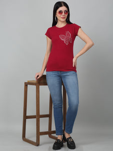 Butterfly Printed  Maroon T-Shirt