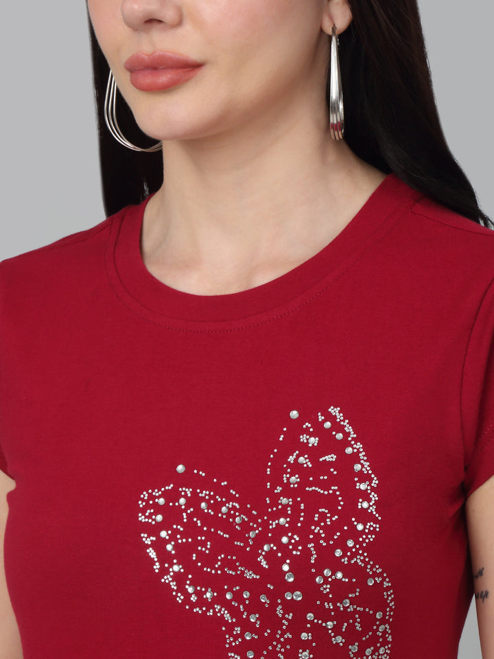 Butterfly Printed  Maroon T-Shirt