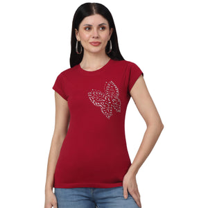 Butterfly Printed  Maroon T-Shirt