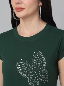 Butterfly Printed Dark Green T-Shirt