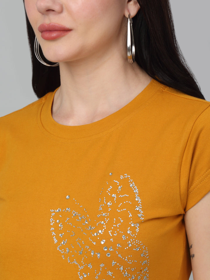 Printed Butterfly Mustard   slim fit T-Shirt