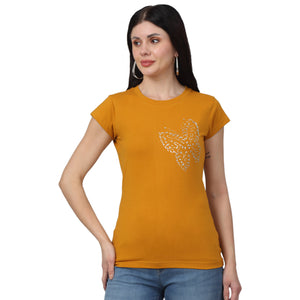 Printed Butterfly Mustard   slim fit T-Shirt