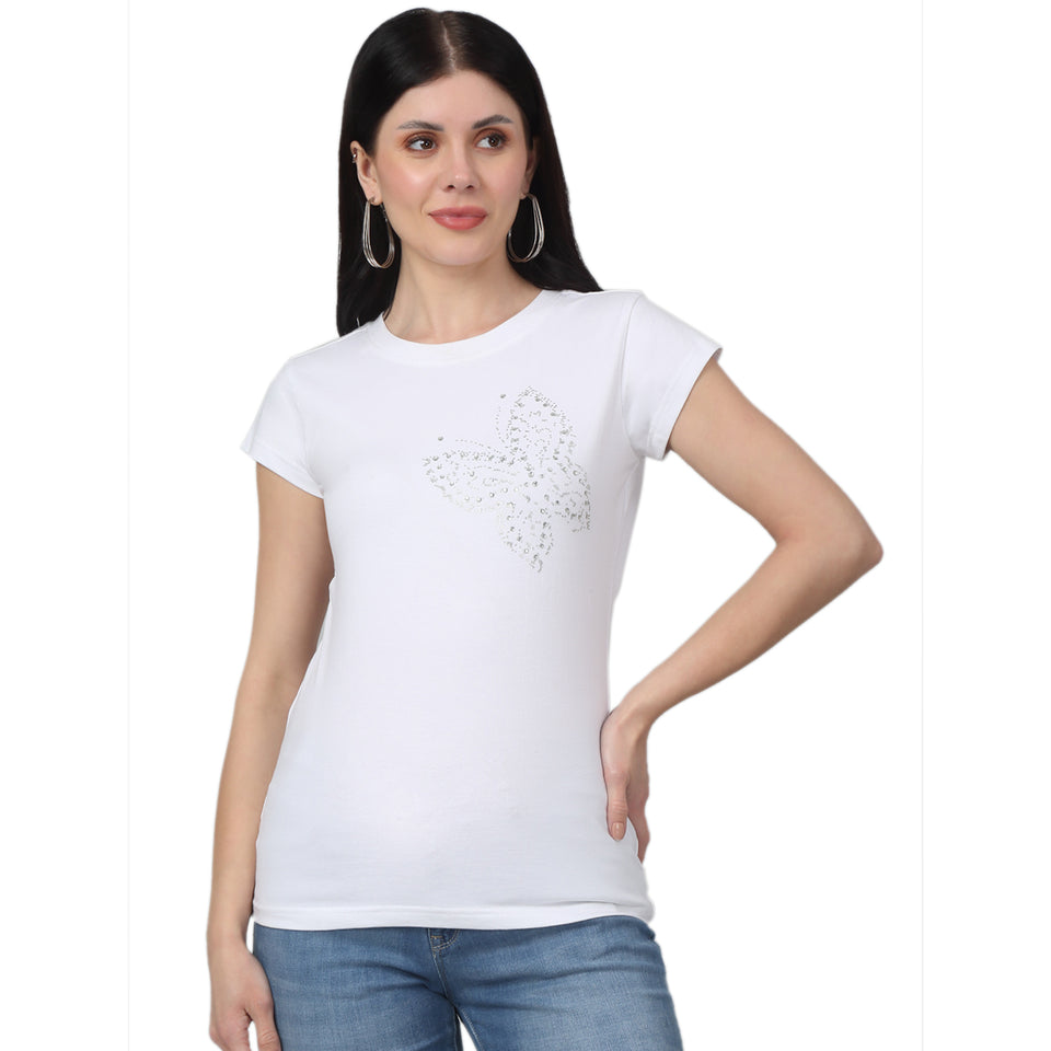 Butterfly Printed White Slim Fit T-Shirt