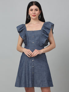 Denim Front button Short Dress with frill Sleeves