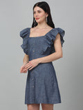 Denim Front button Short Dress with frill Sleeves