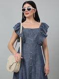 Denim Front button Short Dress with frill Sleeves