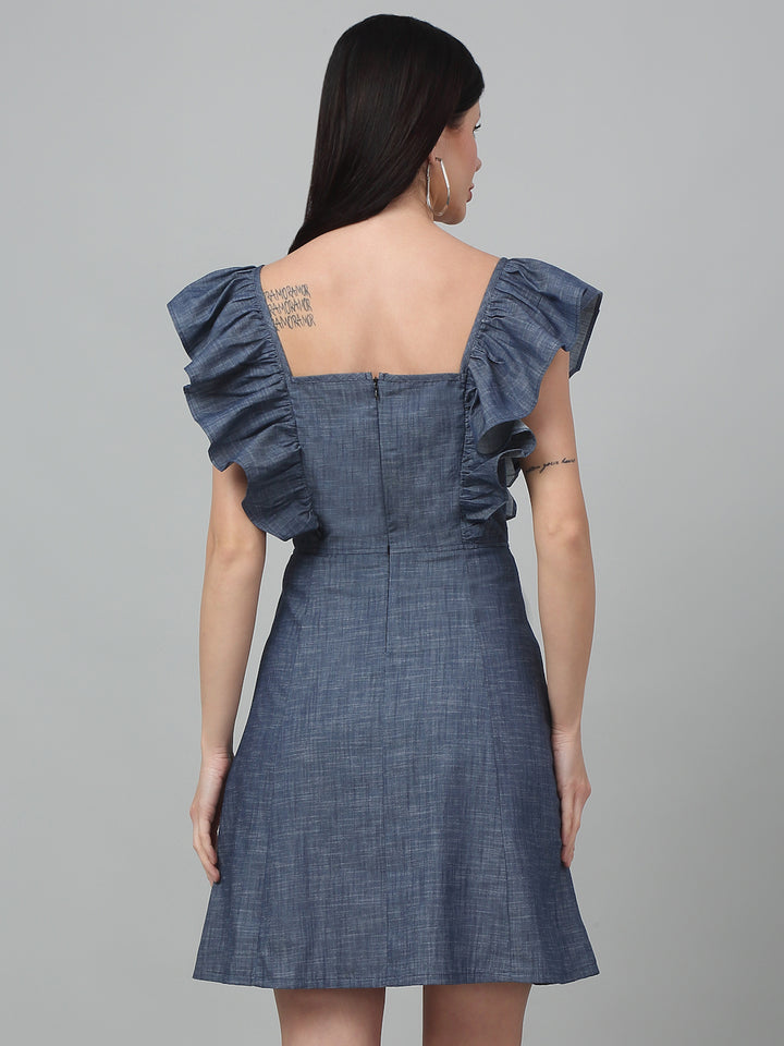 Denim Front button Short Dress with frill Sleeves