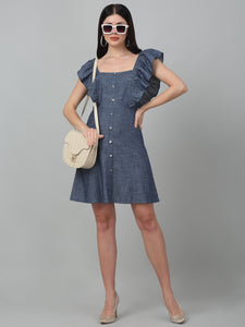 Denim Front button Short Dress with frill Sleeves