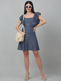 Denim Front button Short Dress with frill Sleeves