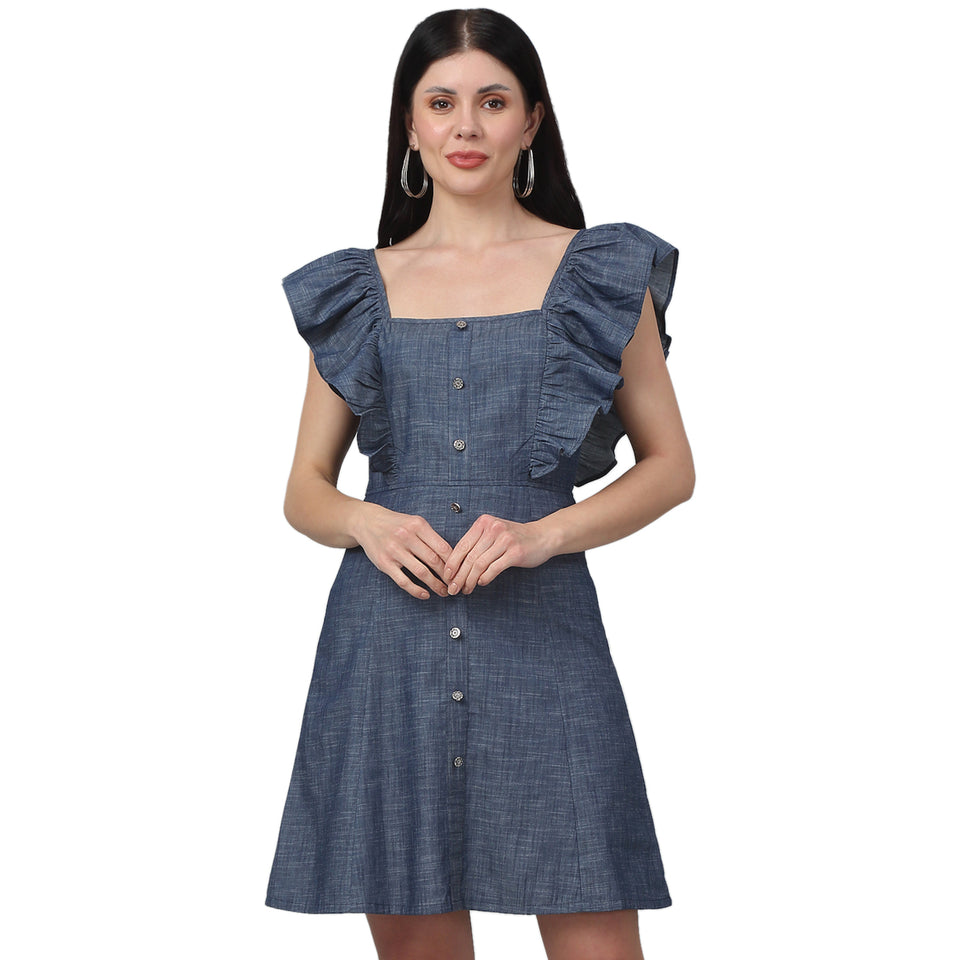 Denim Front button Short Dress with frill Sleeves