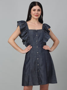 Denim Front button Short Dress with frill Sleeves