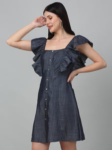 Denim Front button Short Dress with frill Sleeves