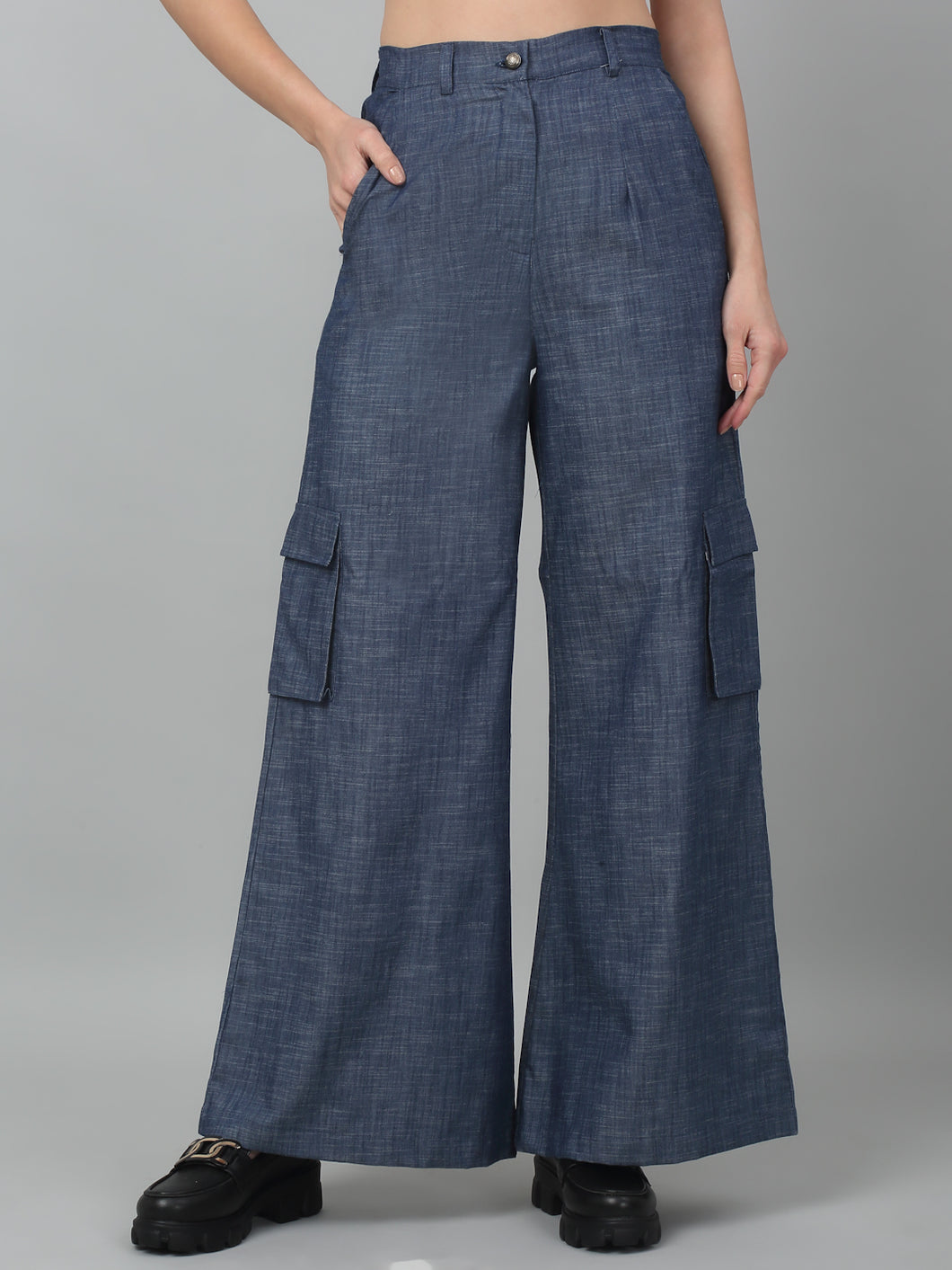 Denim Blue Solid High Waist with Pockets Cargo Pants