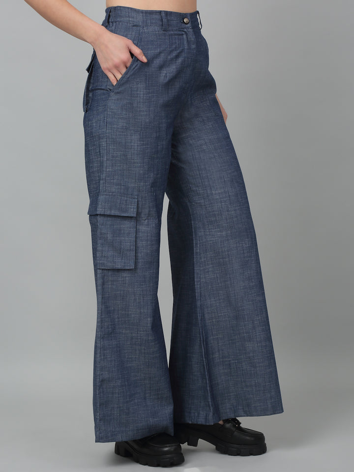 Denim Blue Solid High Waist with Pockets Cargo Pants