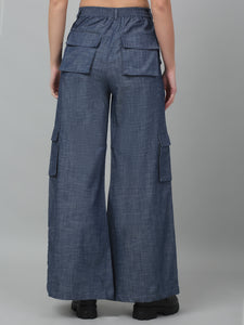 Denim Blue Solid High Waist with Pockets Cargo Pants