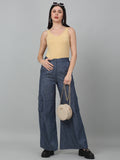 Denim Blue Solid High Waist with Pockets Cargo Pants