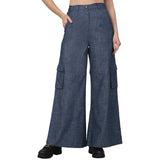 Denim Blue Solid High Waist with Pockets Cargo Pants