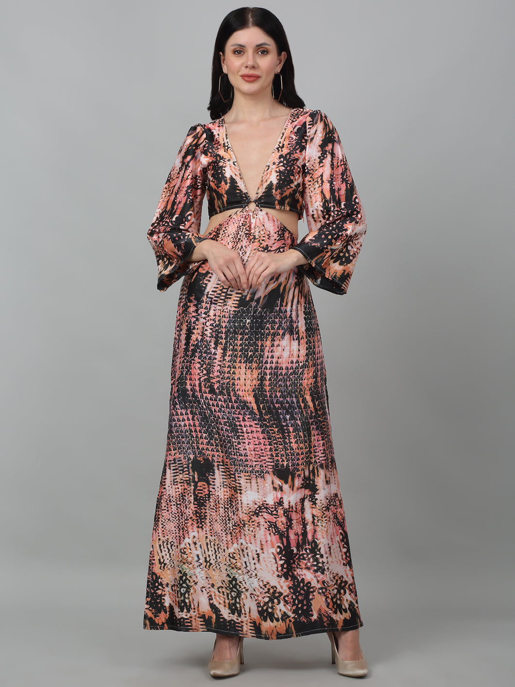 V-Neck Printed Long Dress with Ring Buckle