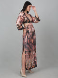 V-Neck Printed Long Dress with Ring Buckle