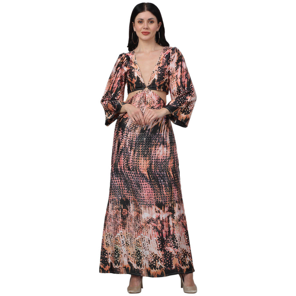 V-Neck Printed Long Dress with Ring Buckle