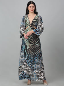 Blue V-Neck Printed Long Dress with Ring Buckle