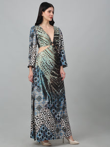 Blue V-Neck Printed Long Dress with Ring Buckle