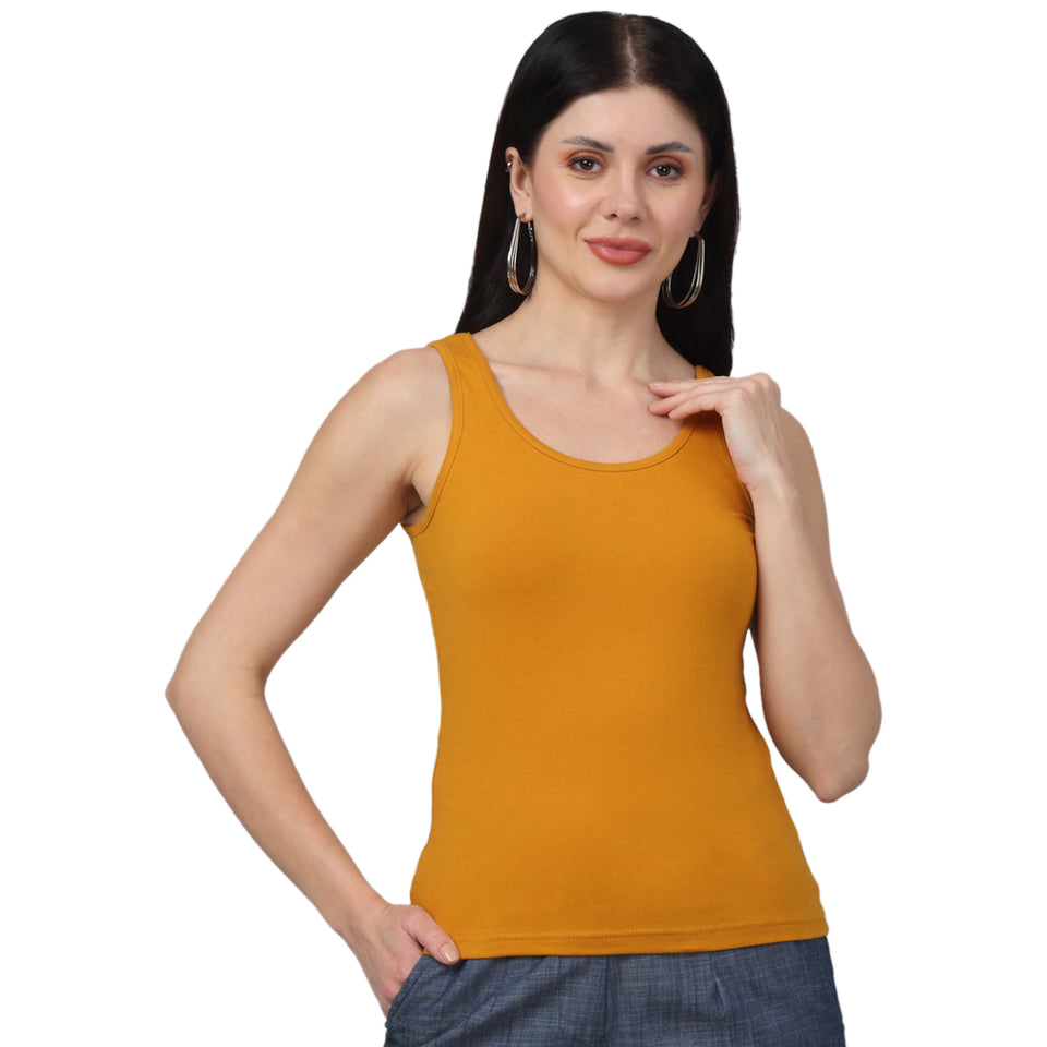 Mustard Cotton Jersey Fabric Slim Fit  & Sleeveless  Solid Tank Top