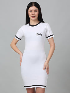 White Solid Round Neck Shorts Sleeve with Knee Length Bodycon Dress