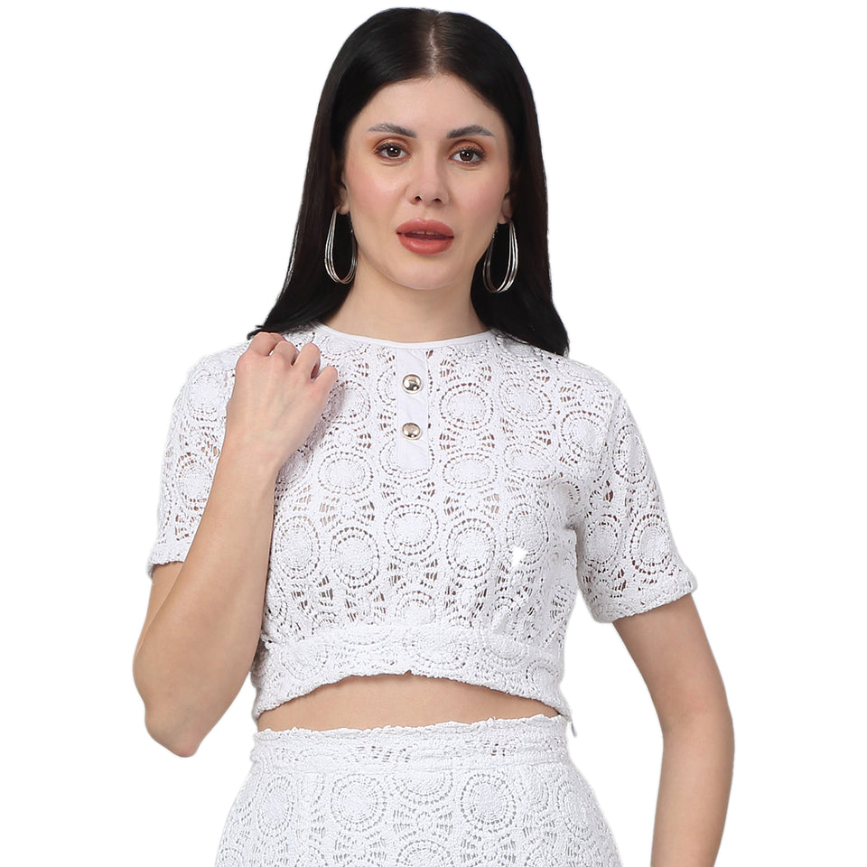 White Net Lace Crop fitted Top