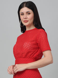 Red Self Design Lace Crop Top