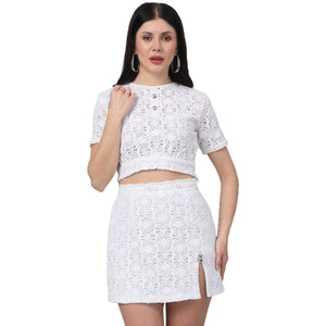 White Self Design Round Neck Top & Shorts