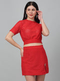 Red Solid Fitted Lace Co Ord Set