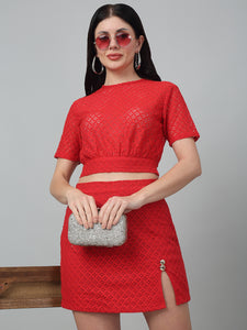 Red Solid Fitted Lace Co Ord Set