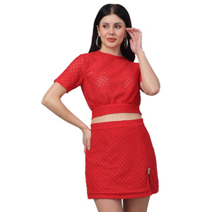 Red Solid Fitted Lace Co Ord Set