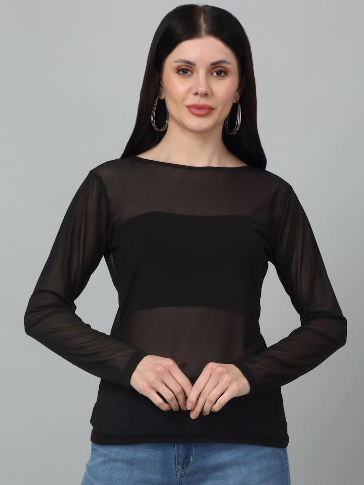 Sheer Net Fitted full Sleeve Black Top