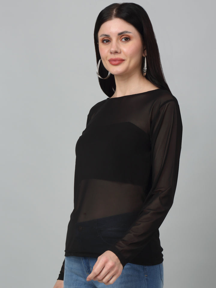 Sheer Net Fitted full Sleeve Black Top