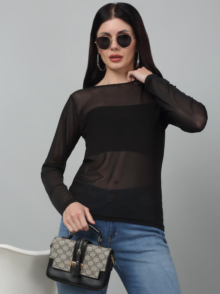 Sheer Net Fitted full Sleeve Black Top