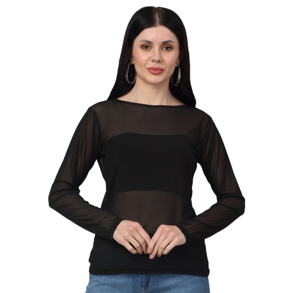 Sheer Net Fitted full Sleeve Black Top