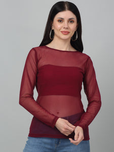 Sheer Net Fitted full Sleeve Maroon Top