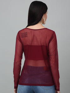 Sheer Net Fitted full Sleeve Maroon Top