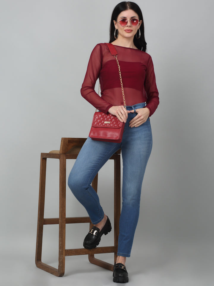 Sheer Net Fitted full Sleeve Maroon Top