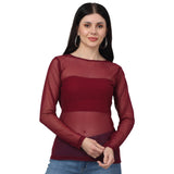 Sheer Net Fitted full Sleeve Maroon Top