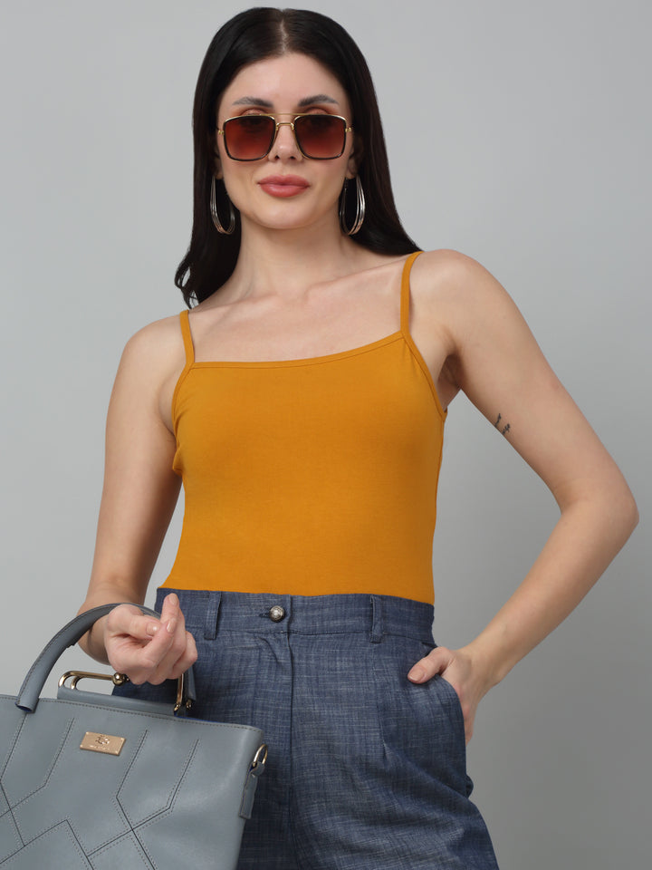 Mustard Speghty Slim Fit Cotton Jersey With Cami Strap & Sleeveless Casual Top