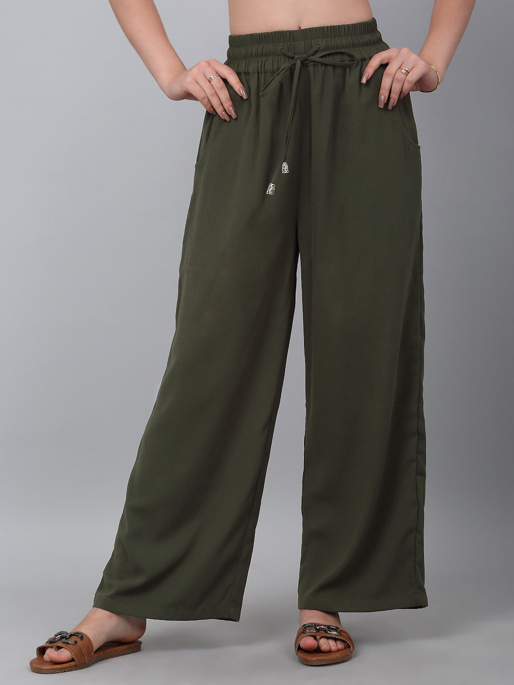 Women Dark Green Solid Wide Leg Track Pants