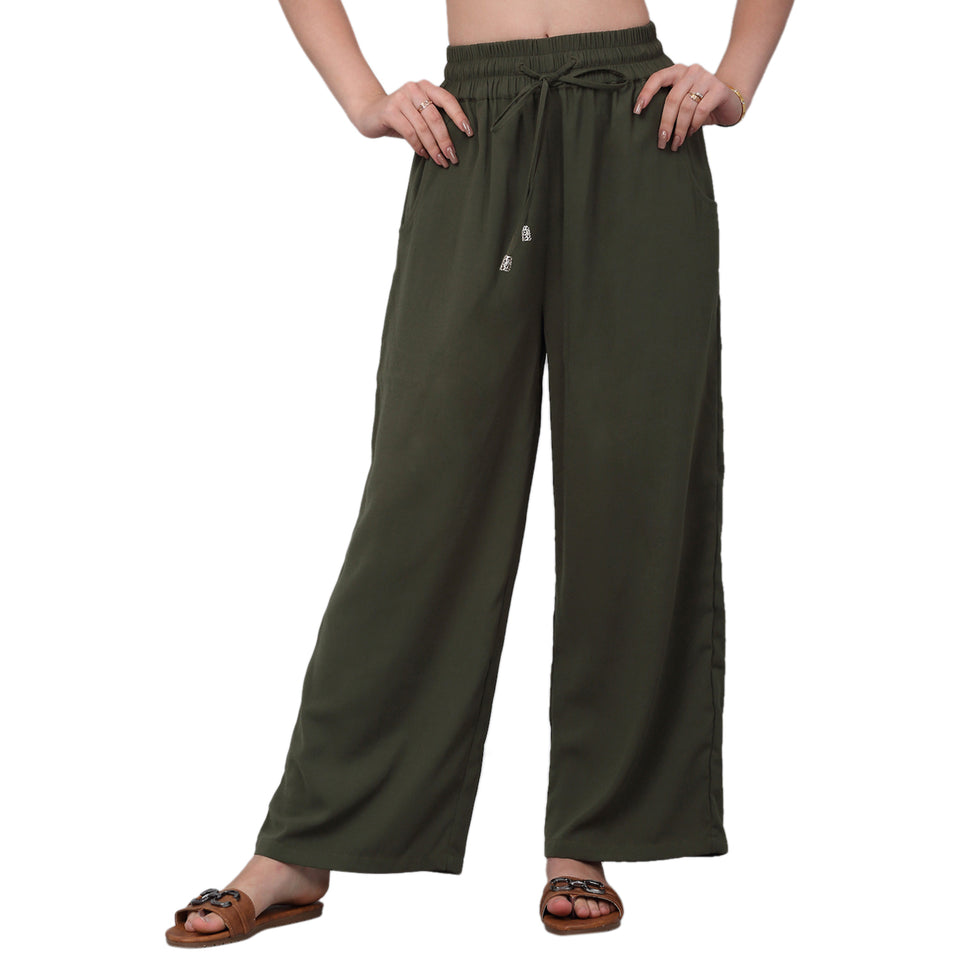 Women Dark Green Solid Wide Leg Track Pants