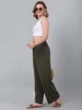 Women Dark Green Solid Wide Leg Track Pants