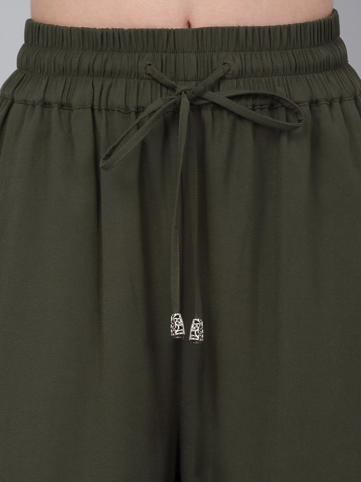 Women Dark Green Solid Wide Leg Track Pants