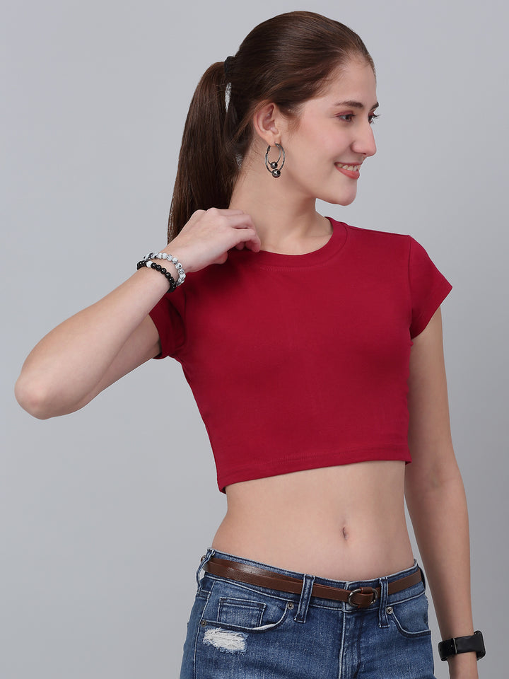 Round Neck Fitted Red Crop Top